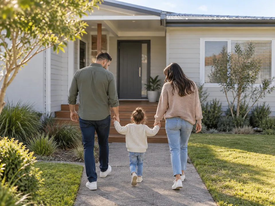 An illustrative family approaching a home.